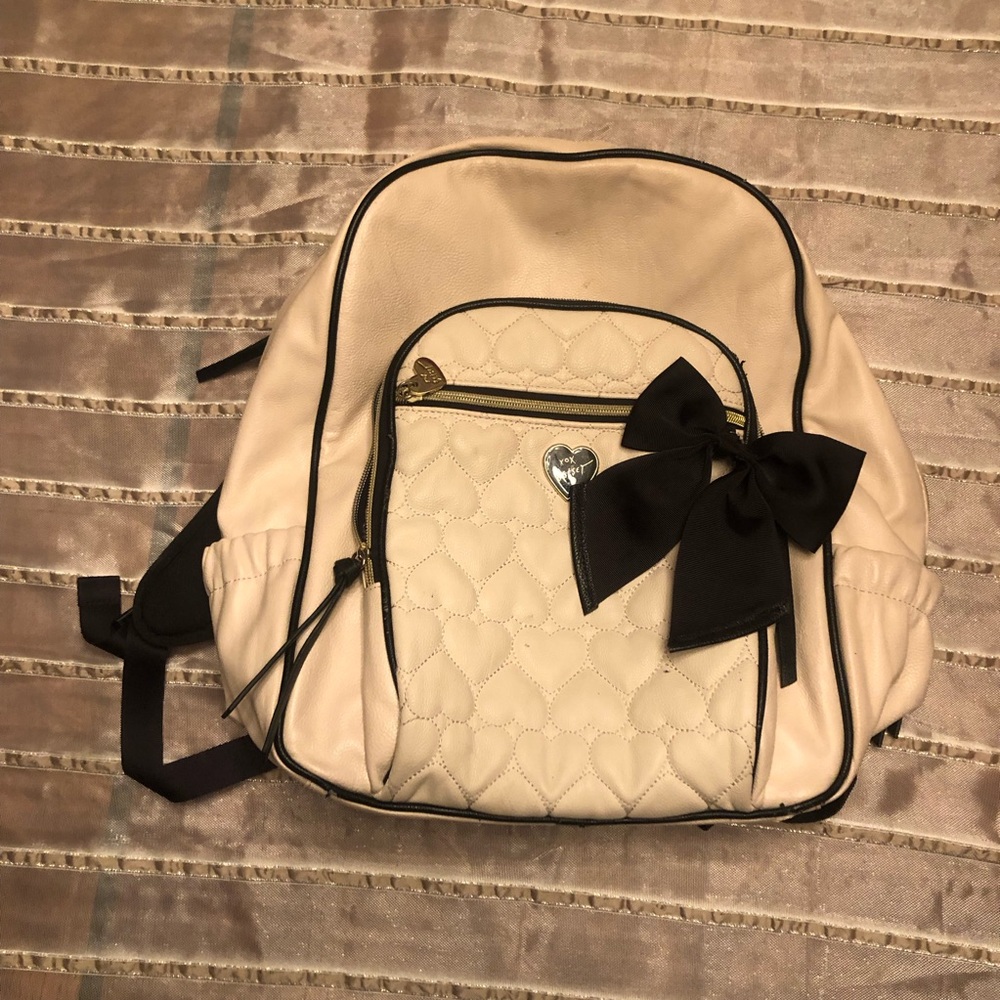 Betsy Brand Cream Backpack with Black Bow